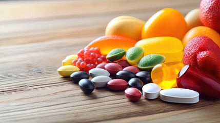 Aufkleber - Multivitamins and supplements with fresh and healthy fruits on white wooden background.