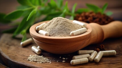 Aufkleber - Alternative health care Chinese herbs powder in the white mortar and herbs capsule on old wooden background.With shallow depth of field.