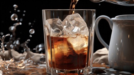 Leinwandbilder - Pouring cream in iced coffee in rocks glass