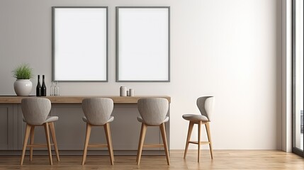 Sticker - Empty vertical picture frame standing in modern kitchen. Mock up interior in contemporary style. Free, copy space for your picture, poster. Kitchen, bar chairs, parquet floor. 3D rendering