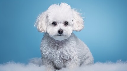 Canvas Print - lap dog on a blue background. curly dog in photo studio. Maltese, poodle, maltipoo