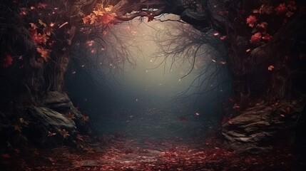 Poster - Fantasy Halloween Background. Beautiful deep forest with garlands, smoke and autumn leaves. Halloween holiday collage Art design, Frame. Copy space for your text