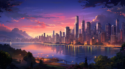 Wall Mural - a modern urban skyline at dusk, with illuminated skyscrapers, city lights, and a vibrant cityscape, capturing the dynamic and captivating aspects of city living