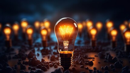 Poster - Idea and creativity concept. Creative process concept and problem solution. One glowing light bulb idea among many dark off.