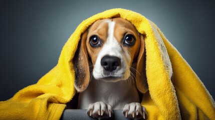 Wall Mural - A cute beagle dog in a yellow towel after bathing on a gray isolated background. Pet grooming concept.