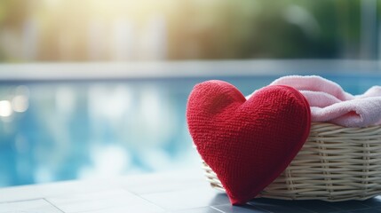 Poster - Red heart and towel in basket with swimming pool. health care, donate and family insurance concept, world health day, hope, take care, kind, Valentine's Day. Love concept with copy space.