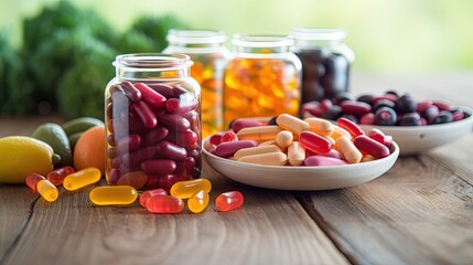 Aufkleber - Multivitamins and supplements with fresh and healthy fruits on white wooden background.