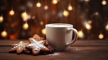 Sticker - Christmas homemade gingerbread cookie and cup of hot chocolate with marshmallow on wooden table. Christmas food and drink concept