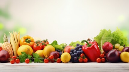 Poster - Shopping in food store. Healthy food background. Different fruits and vegetables on white wooden table background. Copy space. Supermarket background.