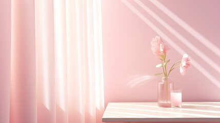 Poster - Realistic 3D render of an empty shiny light pink side table in front of blank pastel pink wall with morning sunlight and window blind curtain shadow. Background, Beauty, Skincare, Products overlay.