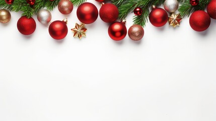 Poster - Christmas composition. Christmas red and green decorations on white background. Flat lay, top view, copy space