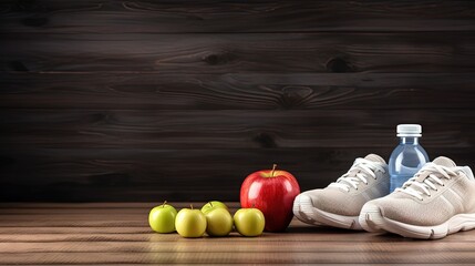 Poster - Fitness concept with sneakers dumbbells bottle of water apple and measure tape on wooden table background
