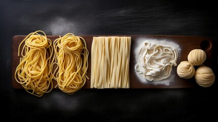 Poster - Variety of italian homemade raw uncooked pasta spaghetti and tagliatelle with semolina flour over black texture background. Flat lay, space