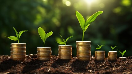 Poster - Growing money,finance and investment. Seedling are growing with business arrow of growth.Young plants on coin stacks increase. Concept of business growth,profit, development and success.