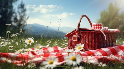 Poster - Red picnic cloth. Red checked picnic blanket with a empty basket on a meadow with daisies in bloom. Beautiful backdrop for your product placement or montage.