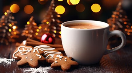 Aufkleber - Christmas homemade gingerbread cookie and cup of hot chocolate with marshmallow on wooden table. Christmas food and drink concept