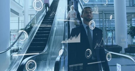 Poster - Animation of graphs, loading bars and circles over caucasian man getting down using escalator