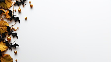 Poster - Banner. Modern background with bats, black and gold pumpkins, leaves, cobwebs, spiders on a white background. Halloween with copy space for text. Flat lay, top.