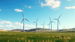 a clean energy wind farm, with majestic turbines turning gracefully against the backdrop of an expansive, clear sky