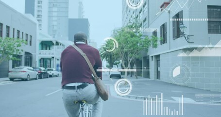 Poster - Animation of graphs, loading bars and circles over african american man riding bicycle on street