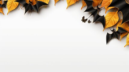 Poster - Banner. Modern background with bats, black and gold pumpkins, leaves, cobwebs, spiders on a white background. Halloween with copy space for text. Flat lay, top.