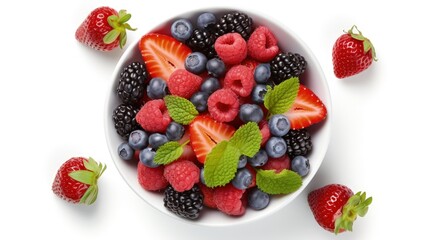 Aufkleber - Bowl of healthy fresh berry fruit salad with cream on white background. Top view. Berries overhead closeup colorful assorted mix of strawberry, blueberry, raspberry, blackberry, red currant
