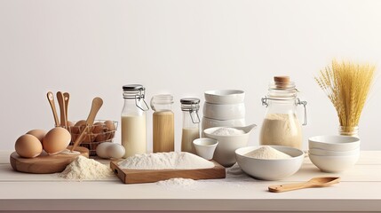 Poster - Cooking concept. Basic baking ingredients and kitchen tools isolated on white