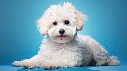 Poster - lap dog on a blue background. curly dog in photo studio. Maltese, poodle, maltipoo