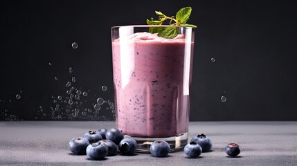 Poster - Blueberry Protein Smoothie In Glass. Healthy Vegan Drink For Sports And Fitness Lifestyle