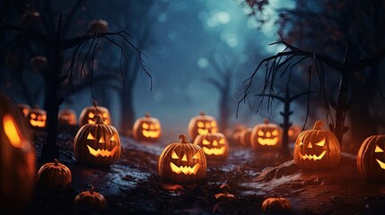 Poster - Halloween - Pumpkins In Spooky Forest With Tombs At Night - Abstract Defocused Background