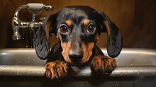 Dog Dachshund, Black And Tan, Takes A Bath