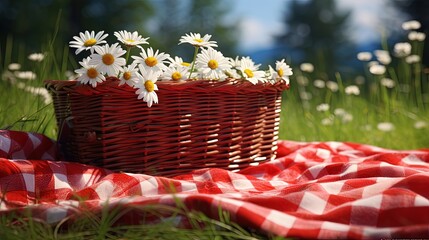 Poster - Red picnic cloth. Red checked picnic blanket with a empty basket on a meadow with daisies in bloom. Beautiful backdrop for your product placement or montage.