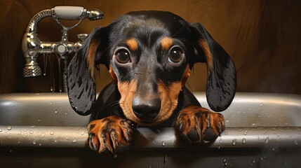 Wall Mural - dog dachshund, black and tan, takes a bath