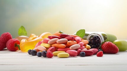 Poster - Multivitamins and supplements with fresh and healthy fruits on white wooden background.