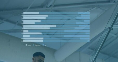 Poster - Animation of month names and graph over diverse coworkers discussing while walking downstairs