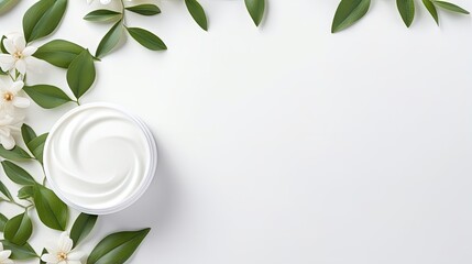 Poster - facial body cosmetic products, leaves and flowers blossom on white desktop background whith copy space. spring skin care layout, top view, flat lay. Natural beauty product concept.