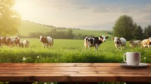 Empty Wooden Table Top With Blur Green Meadow, Cows, Morning Light Background.