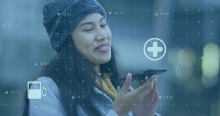 Poster - Animation of icons and changing numbers, smiling biracial woman talking on speaker of smartphone