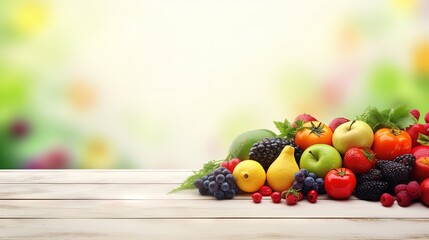 Poster - Shopping in food store. Healthy food background. Different fruits and vegetables on white wooden table background. Copy space. Supermarket background.