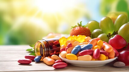 Aufkleber - Multivitamins and supplements with fresh and healthy fruits on white wooden background.
