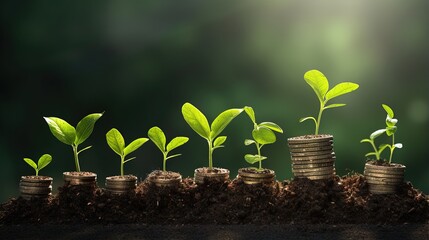 Poster - Growing money,finance and investment. Seedling are growing with business arrow of growth.Young plants on coin stacks increase. Concept of business growth,profit, development and success.