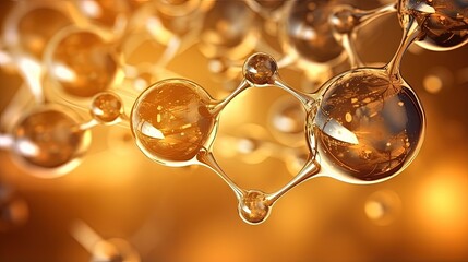 Poster - Golden color abstract background of clear water bubbles, molecular structure. Physics, chemistry technology background.