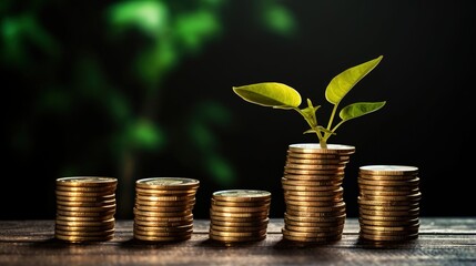 Poster - Growing money,finance and investment. Seedling are growing with business arrow of growth.Young plants on coin stacks increase. Concept of business growth,profit, development and success.