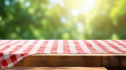 Sticker - Empty wooden desk table with red checkered tablecloth over abstract bright light green spring or summer background. Template for your food and product display montage.