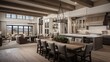© HN Works - Stunning Dining room and Kitchen in New Luxury Home. Wood beams and elegant pendant lights accent the beautiful open floor plan, dining room, and kitchen.
