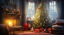 Decorated Christmas Room With Beautiful Fir Tree