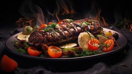 Poster - Sea delicacy grilled octopus with grilled vegetables. Dishes on a dark decorated background