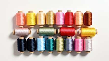 Poster - Colorful sewing threads with needle on white background, top view