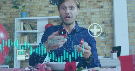 Poster - Animation of graphs and icons over caucasian man proposing with ring on video call