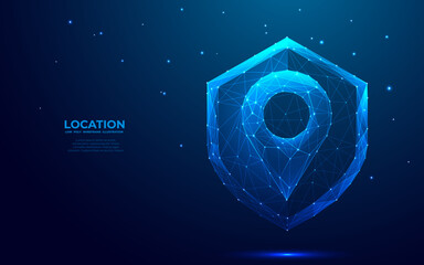 Poster - Digital pin on abstract shield. GPS protection concept. Technology location pin in futuristic low poly wireframe style on dark blue background. Monochrome hologram style. Polygonal vector illustration